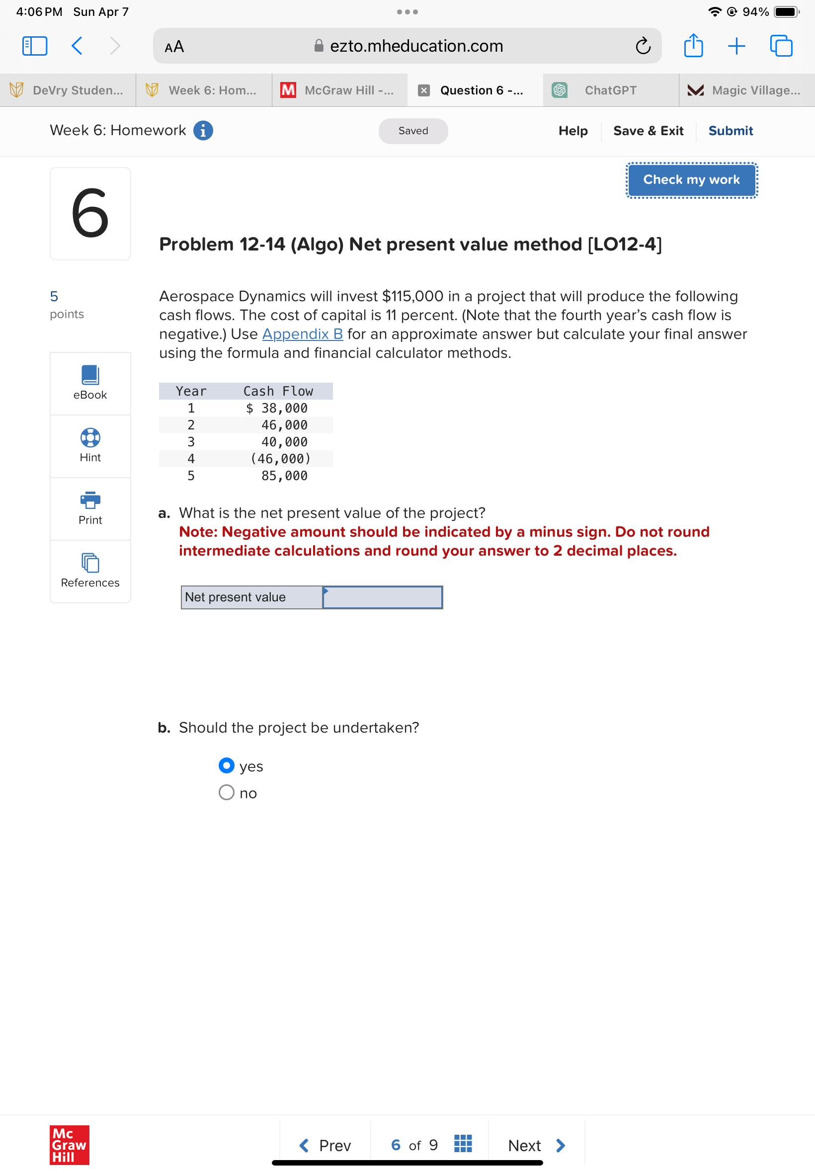 4:06 PM Sun Apr 7 > DeVry Studen... AA Week 6: Homework