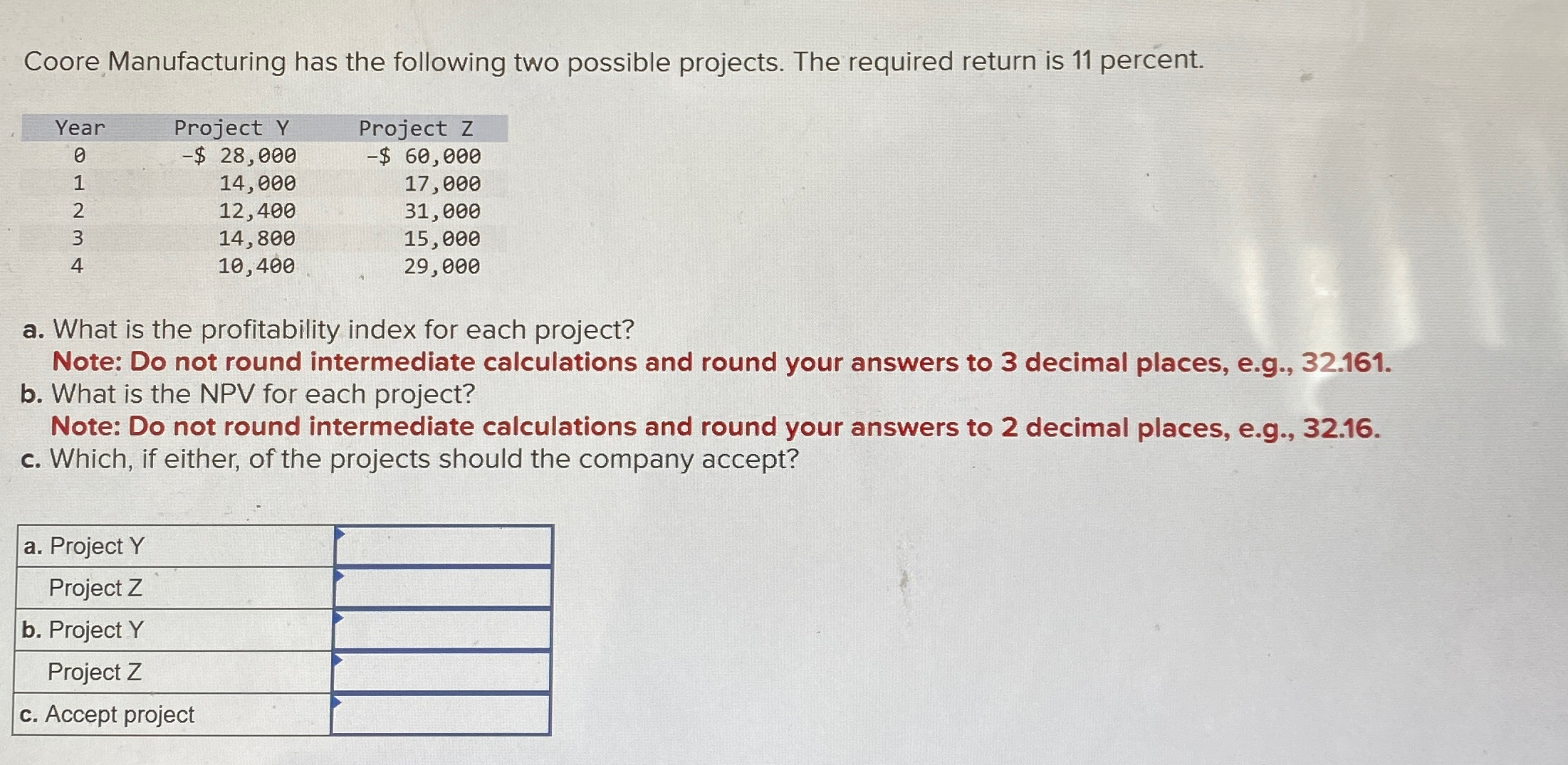 Coore Manufacturing has the following two possible projects. The required return is