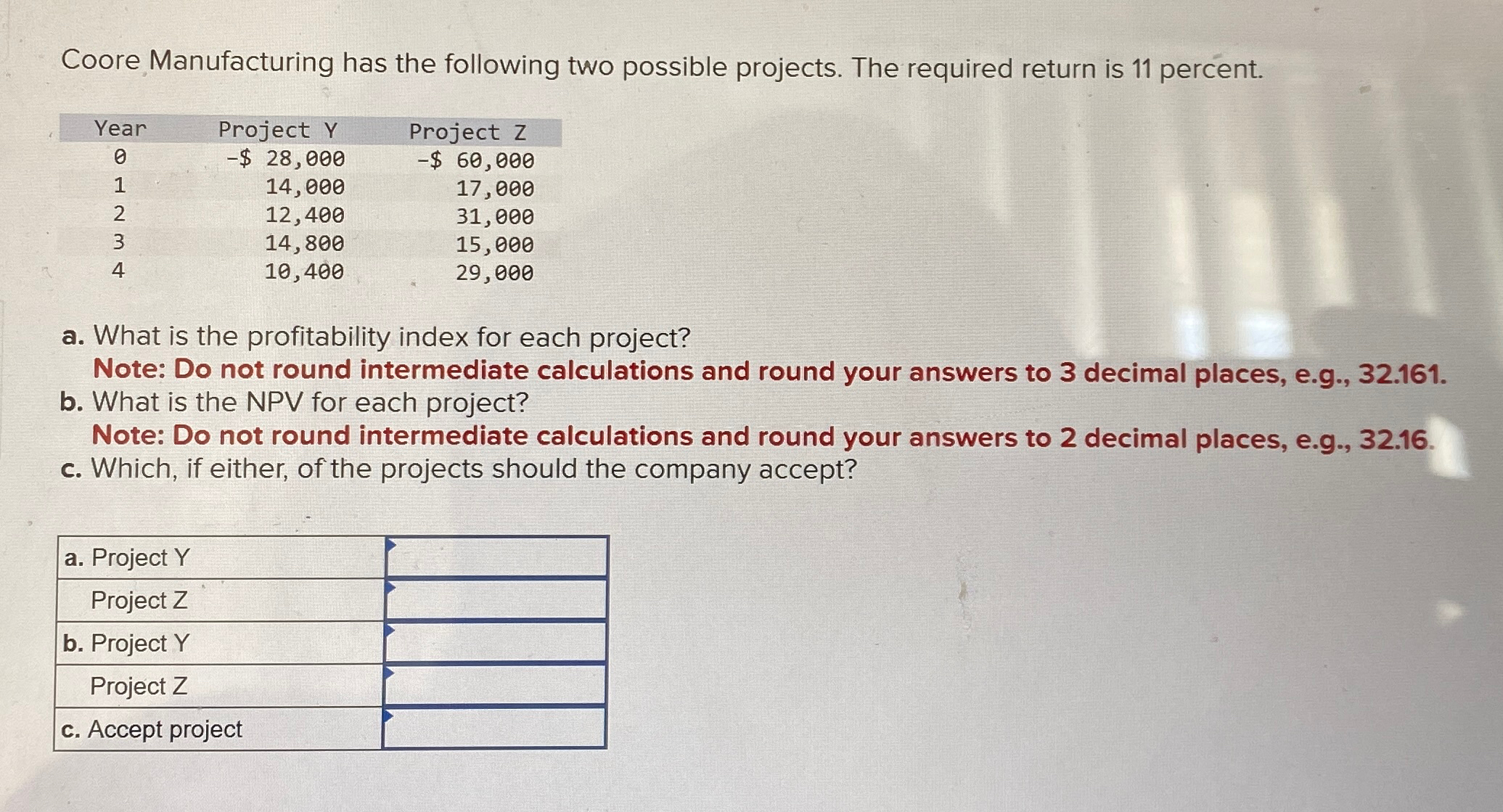 Coore Manufacturing has the following two possible projects. The required return is