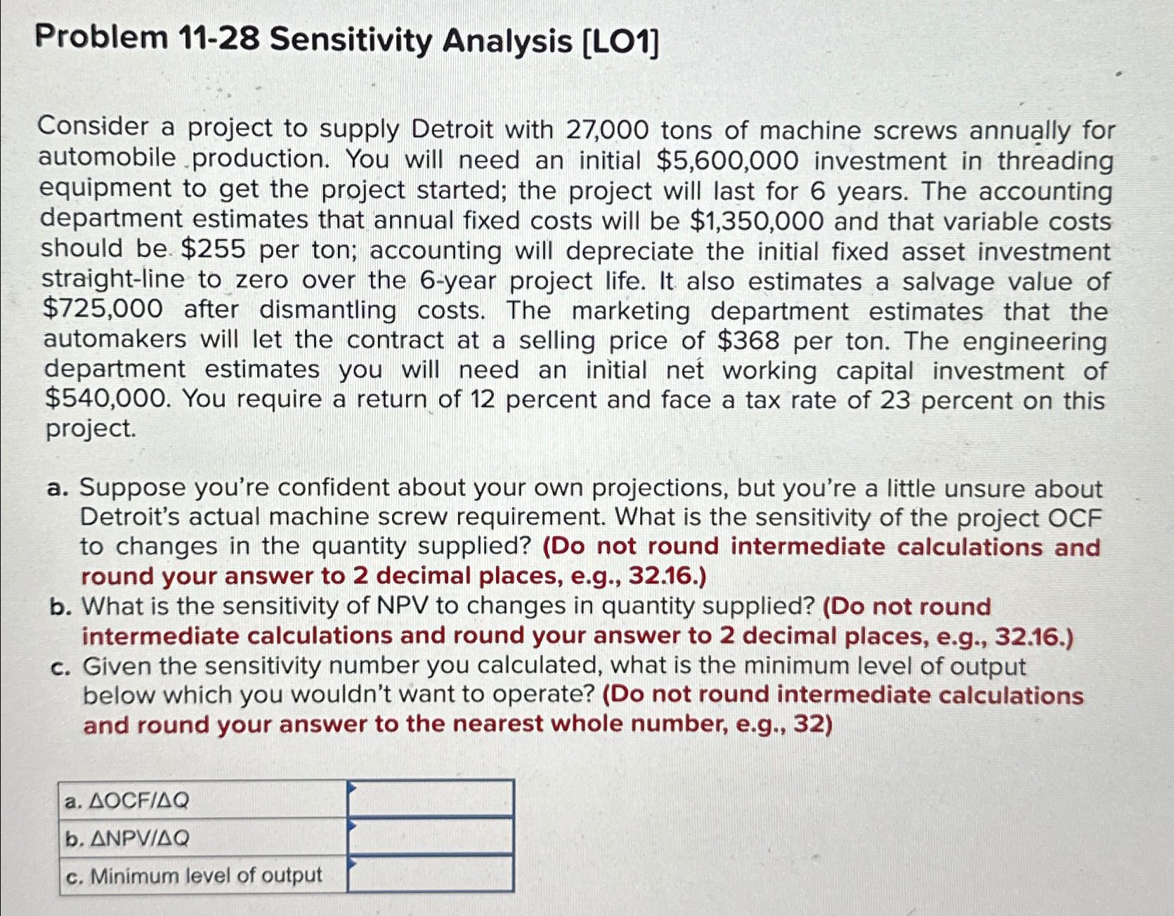 Problem 11-28 Sensitivity Analysis [LO1] Consider a project to supply Detroit with