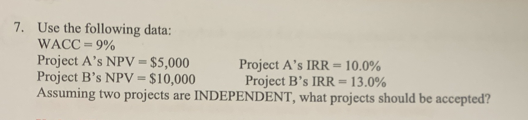 7. Use the following data: WACC = 9% Project A's NPV =