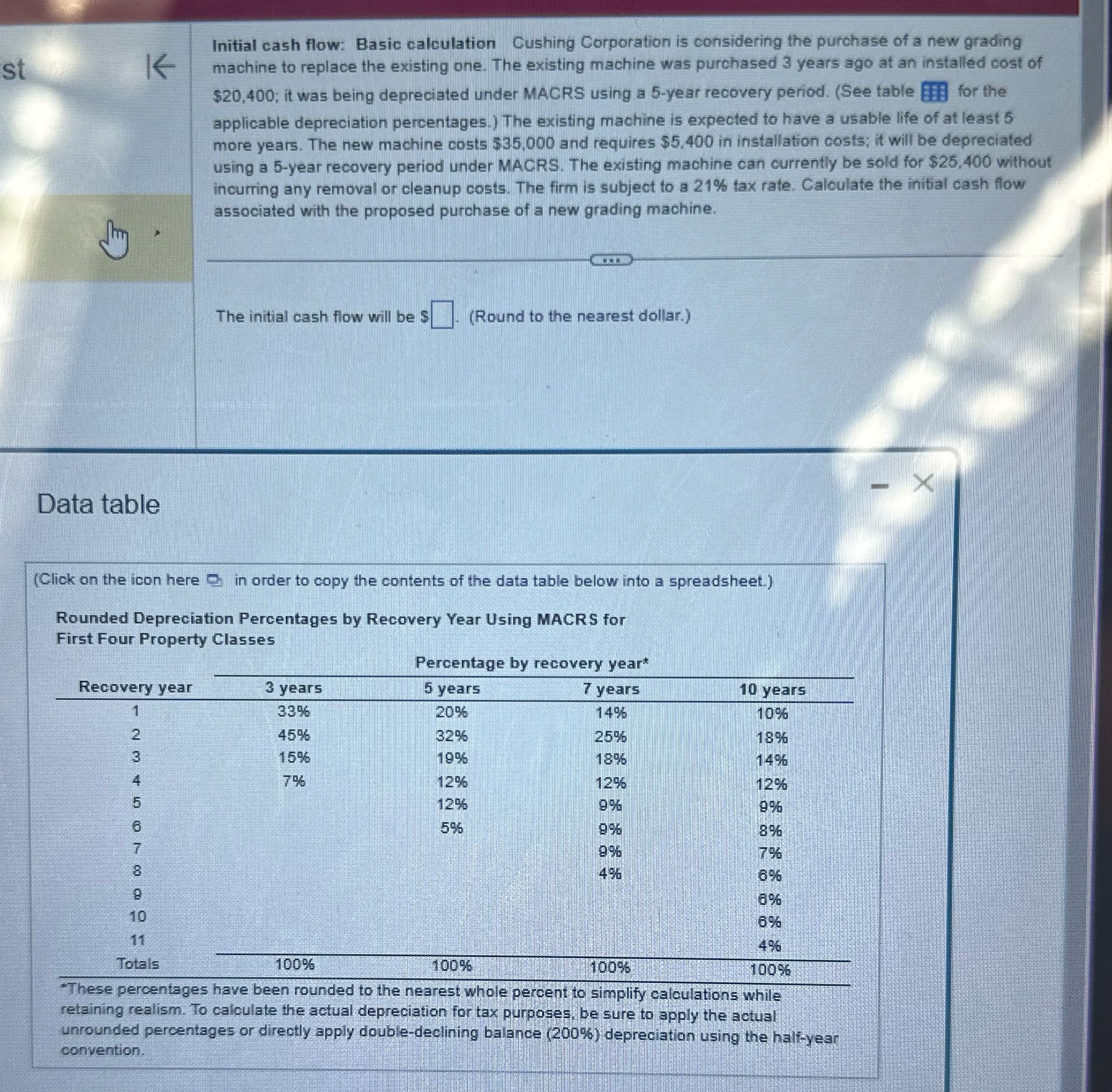 st K Initial cash flow: Basic calculation Cushing Corporation is considering the