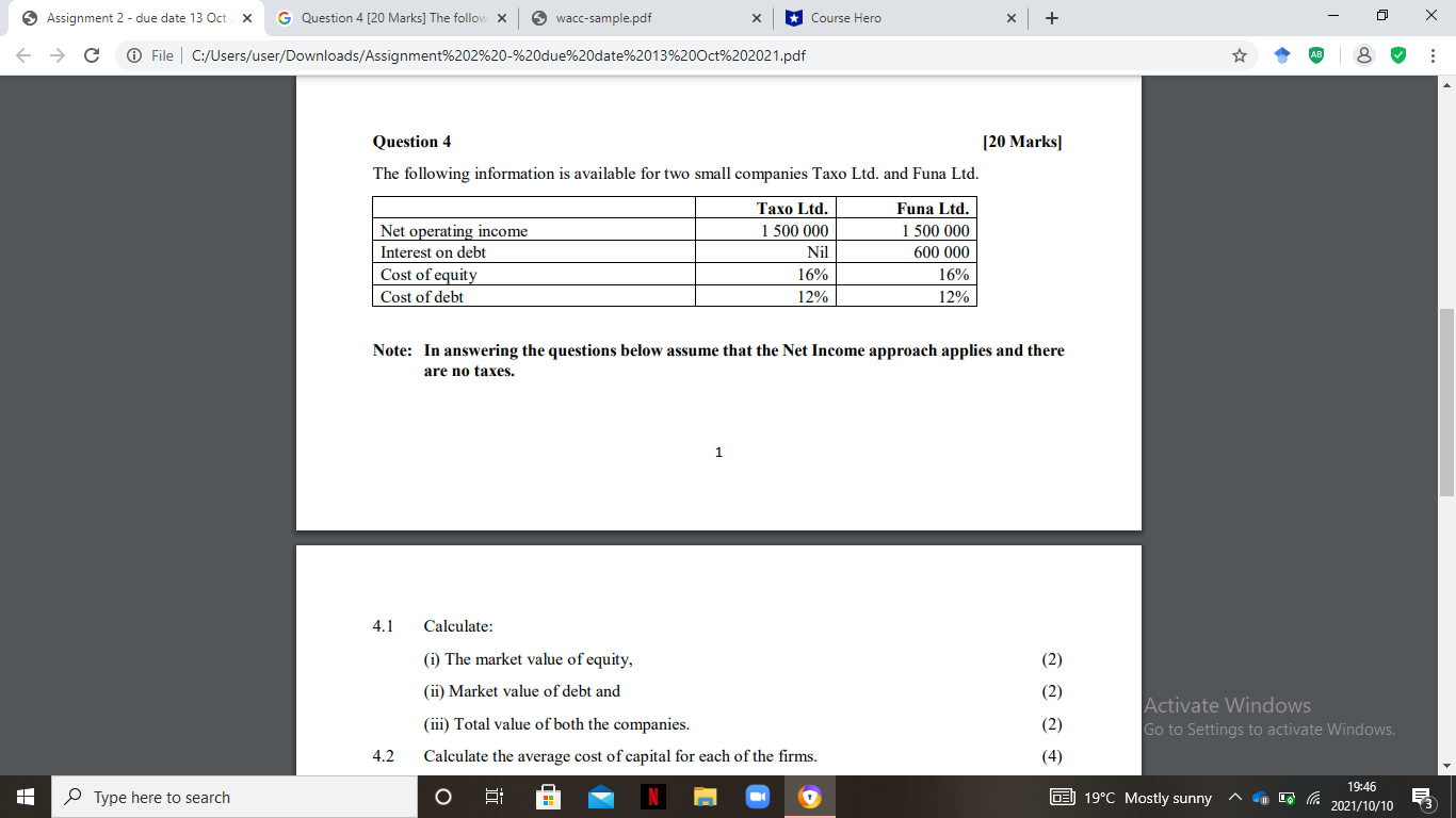 Assignment 2 - due date 13 Oct2x G Question 4 [20 Marks]