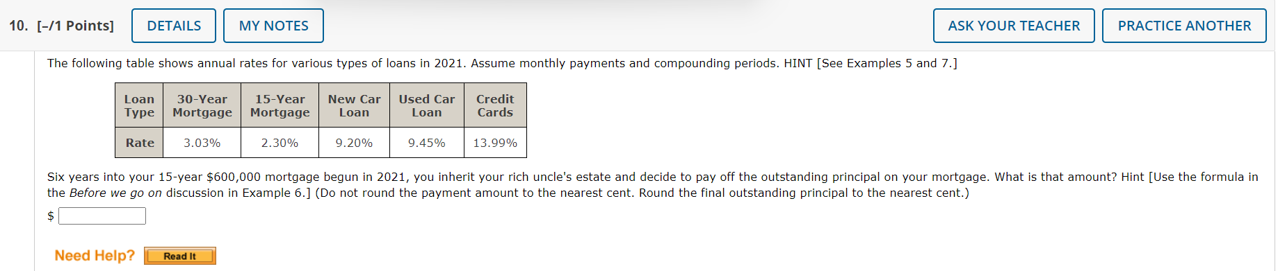 10. [-/1 Points] DETAILS MY NOTES ASK YOUR TEACHER PRACTICE ANOTHER The