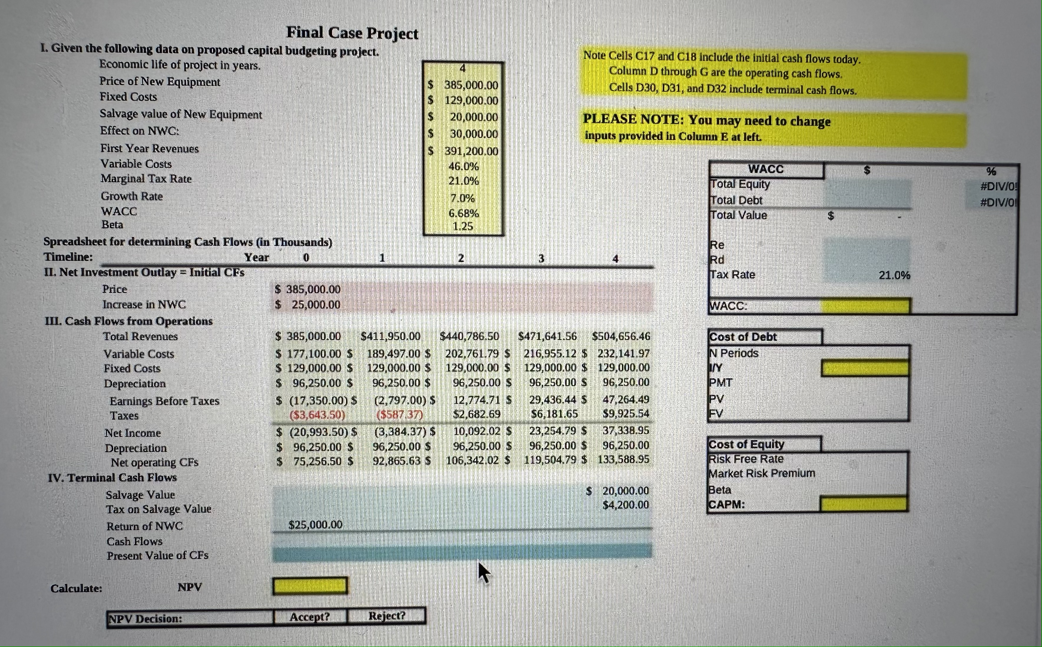 Final Case Project I. Given the following data on proposed capital budgeting
