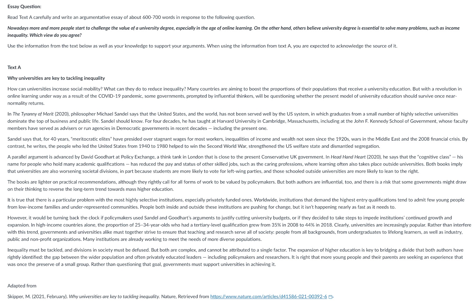 Essay Question: Read Text A carefully and write an argumentative essay of