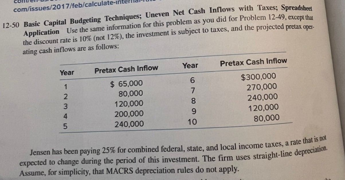 com/issues/2017/feb/calculate 12-50 Basic Capital Budgeting Techniques; Uneven Net Cash Inflows with Taxes;