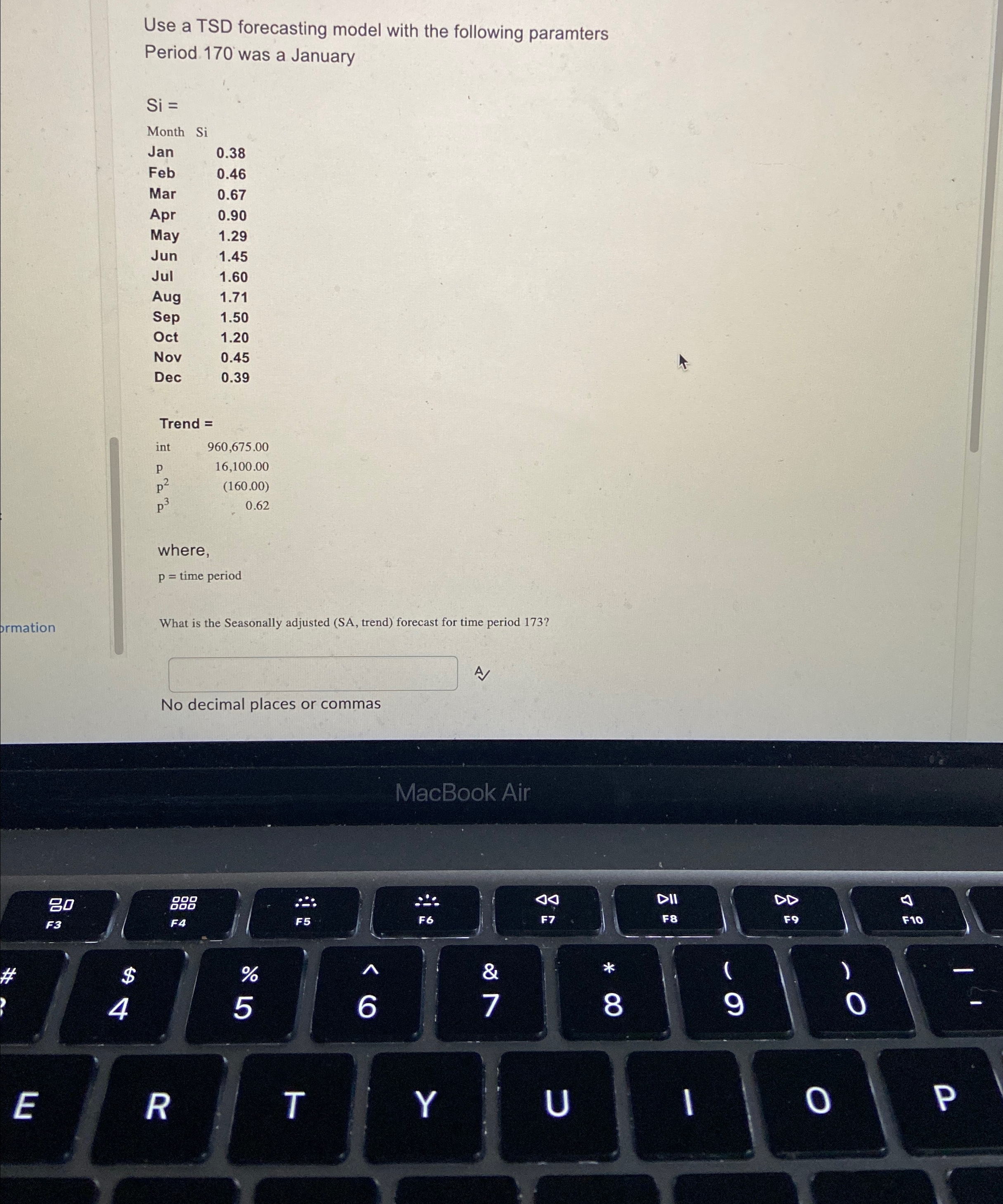 ormation Use a TSD forecasting model with the following paramters Period 170