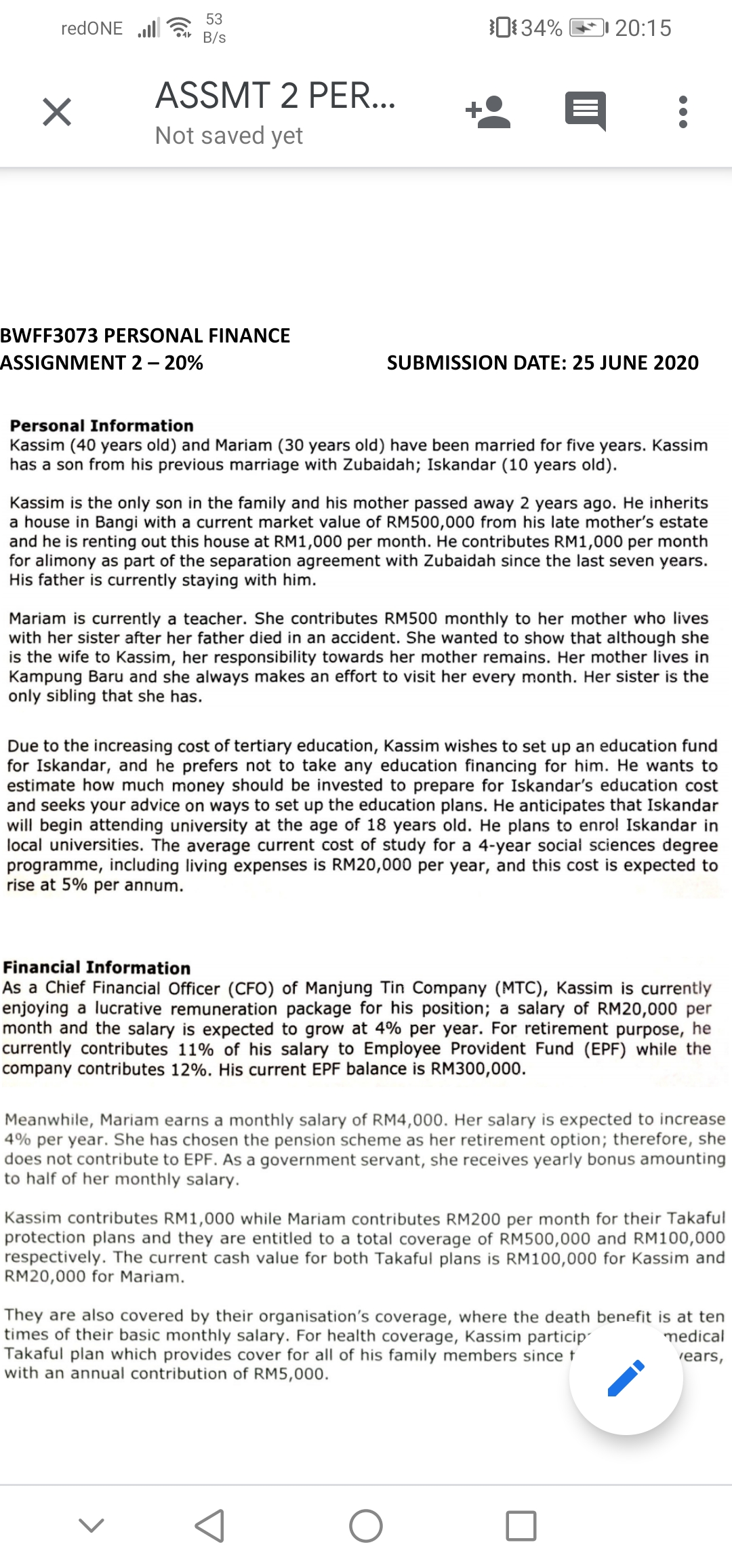 53 redONE .ill B/s ASSMT 2 PER... Not saved yet BWFF3073 PERSONAL