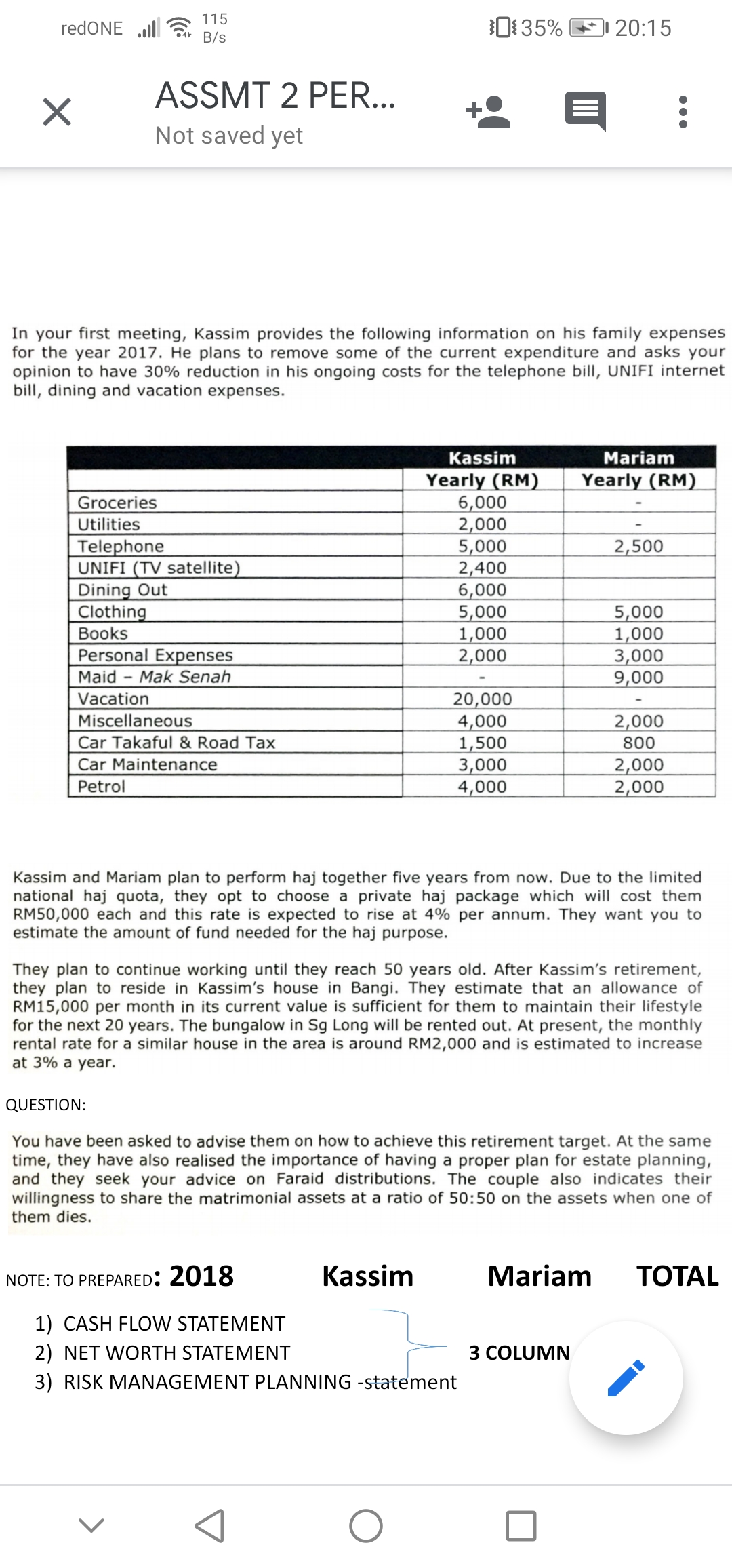 Information Kassim (40 years old) and Mariam (30 years old) have been