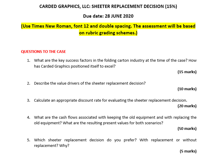 CARDED GRAPHICS, LLC: SHEETER REPLACEMENT DECISION (15%) Due date: 28 JUNE 2020