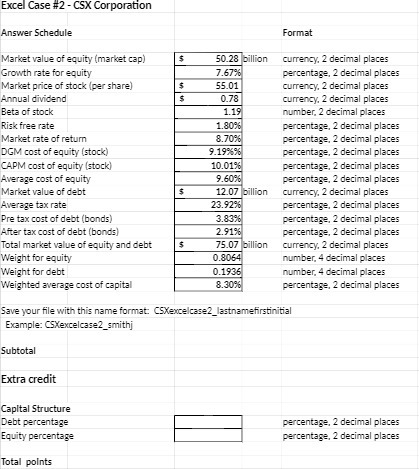 Excel Case #2 - CSX Corporation Answer Schedule Format Market value of