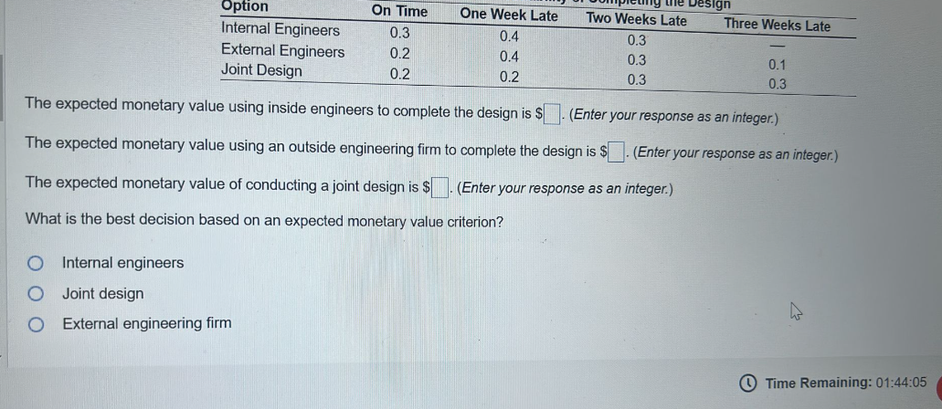 Design Option On Time One Week Late Two Weeks Late Three Weeks