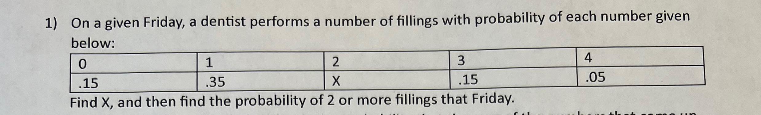1) On a given Friday, a dentist performs a number of fillings