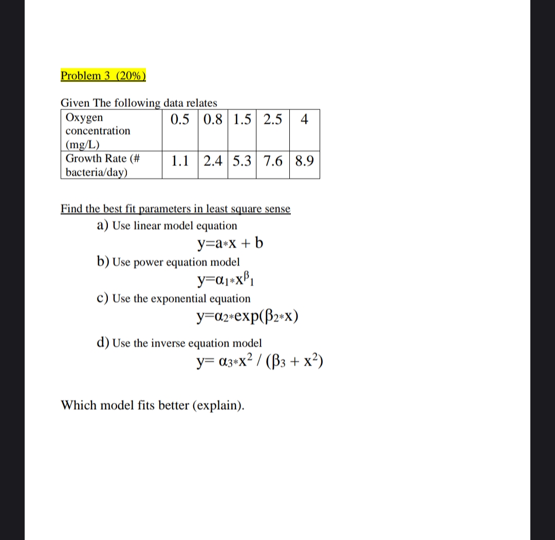 Problem 3 (20%) Given The following data relates Oxygen 0.5 0.8 1.5
