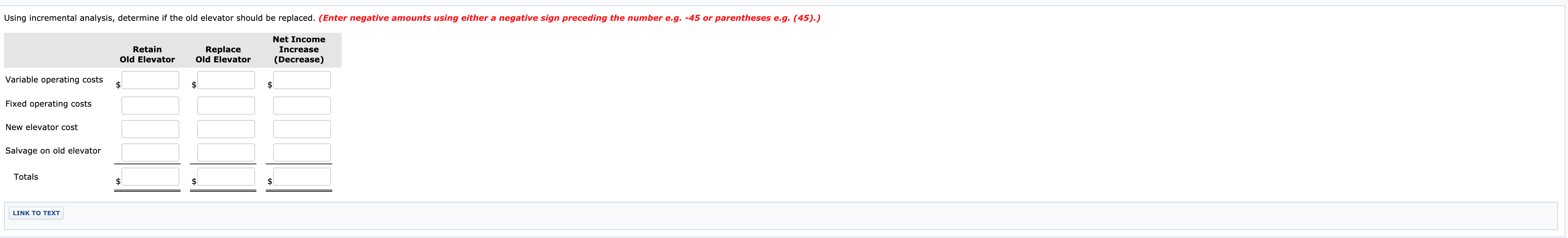 Using incremental analysis, determine if the old elevator should be replaced. (Enter