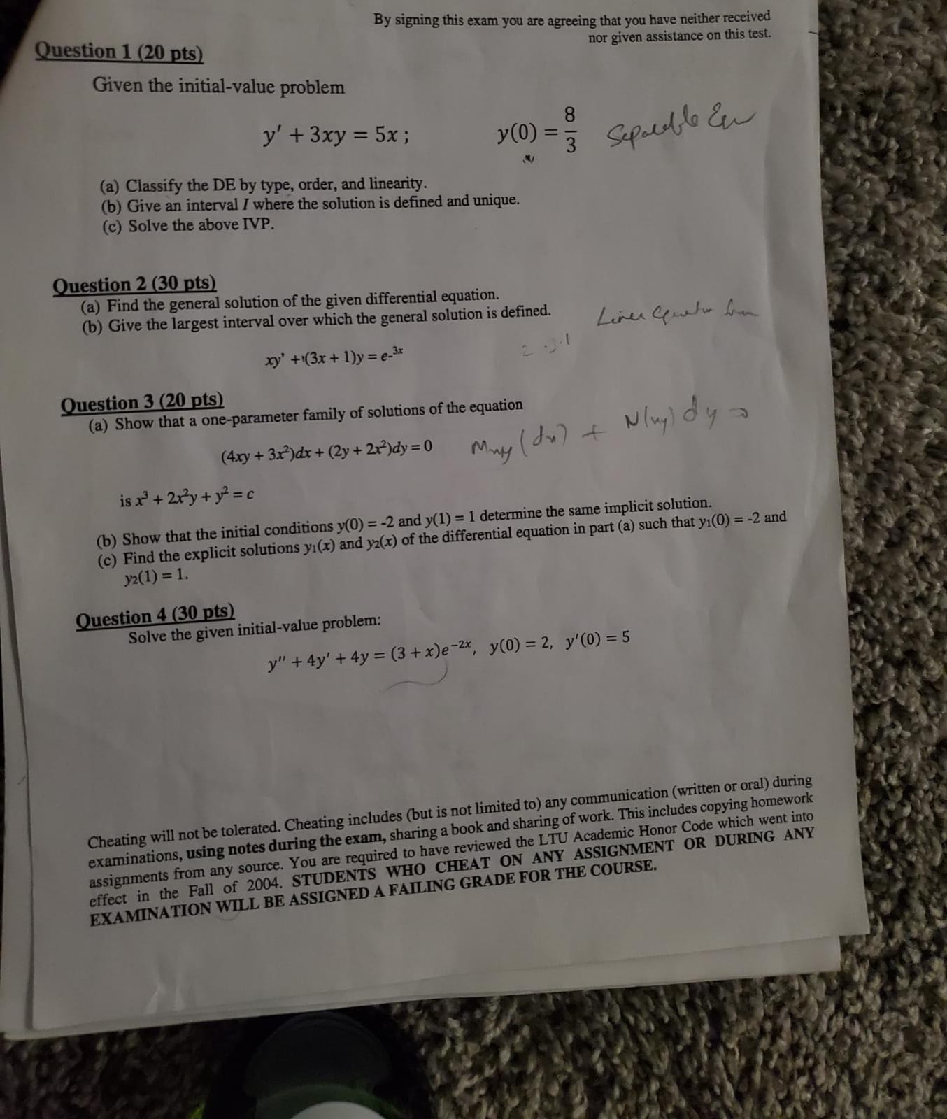 Question 1 (20 pts) Given the initial-value problem By signing this exam