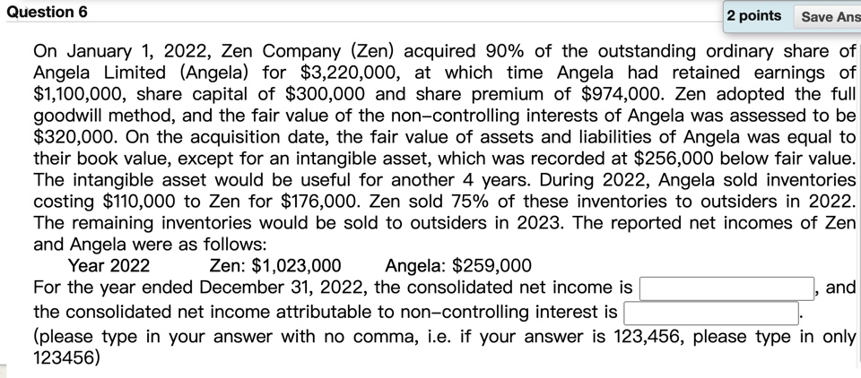Question 6 2 points Save Ans On January 1, 2022, Zen Company
