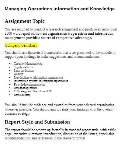 Managing Operations Information and Knowledge Assignment Topic You are required to conduct