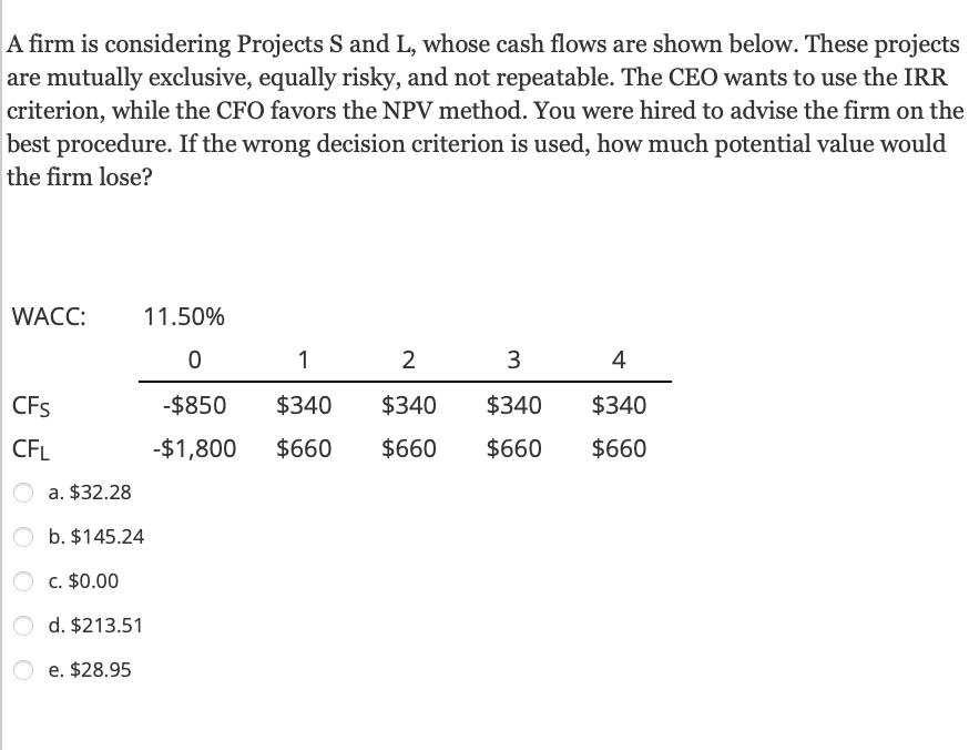 A firm is considering Projects S and L, whose cash flows are