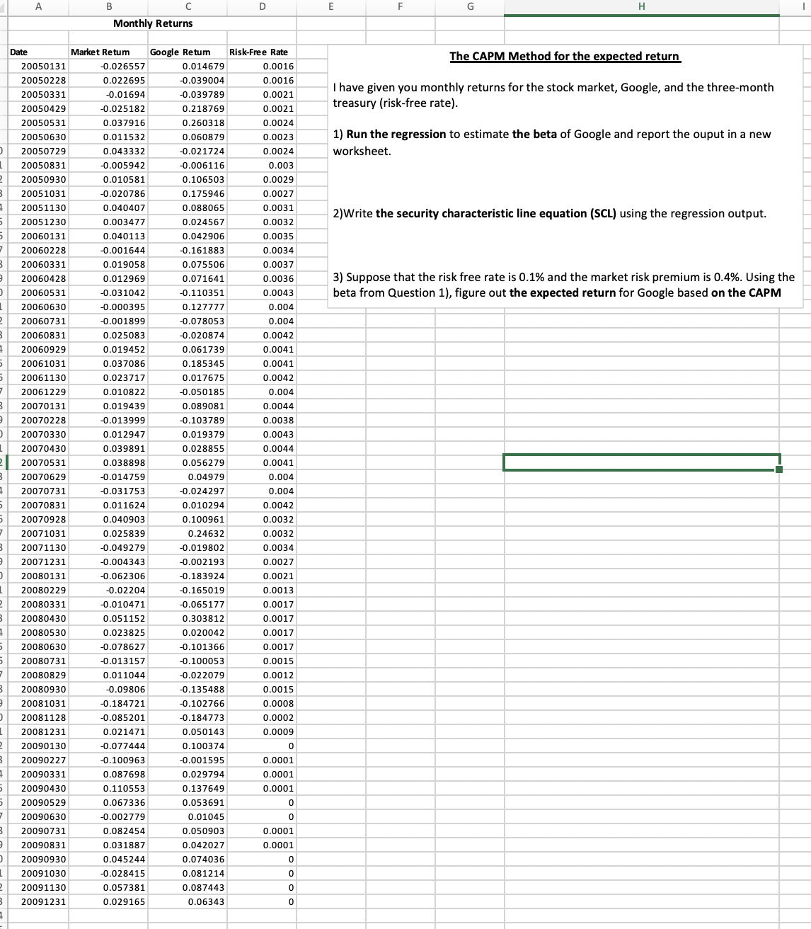 returns for the stock market, Google, and the three-month treasury (risk-free rate).