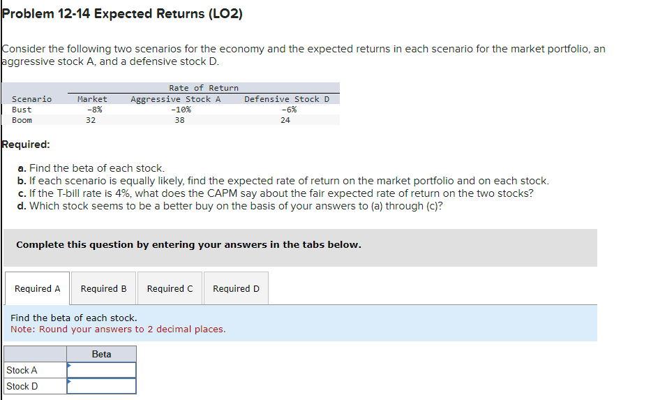Problem 12-14 Expected Returns (LO2) Consider the following two scenarios for the