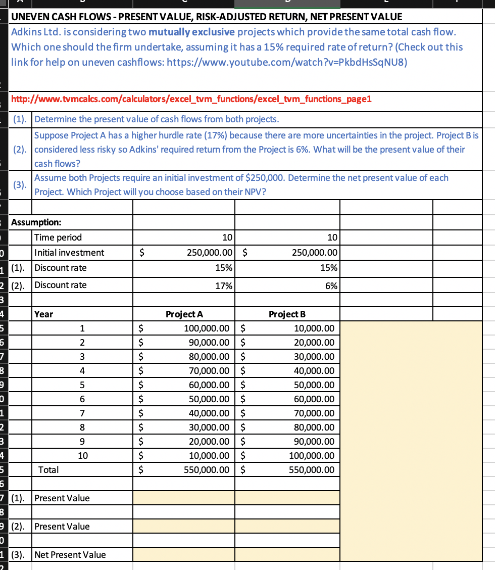 UNEVEN CASH FLOWS - PRESENT VALUE, RISK-ADJUSTED RETURN, NET PRESENT VALUE Adkins