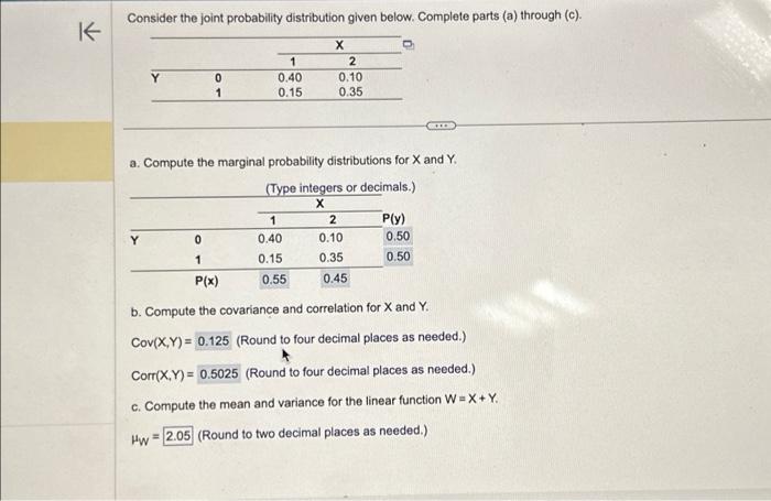 K Consider the joint probability distribution given below. Complete parts (a) through