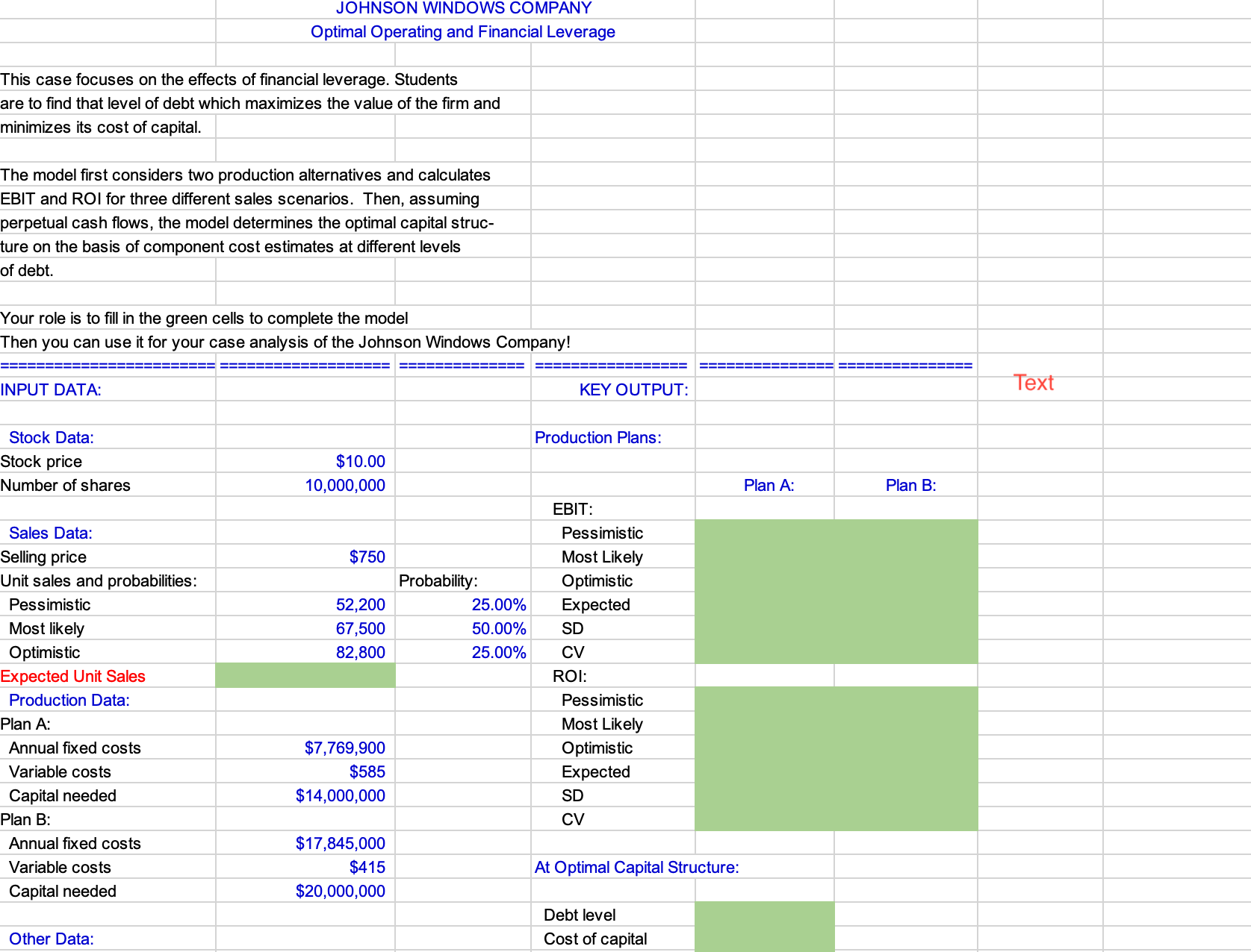 JOHNSON WINDOWS COMPANY Optimal Operating and Financial Leverage This case focuses on