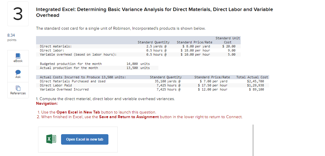 8.34 3 Integrated Excel: Determining Basic Variance Analysis for Direct Materials, Direct