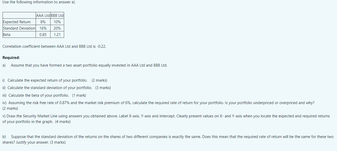 Use the following information to answer a). AAA Ltd BBB Ltd Expected