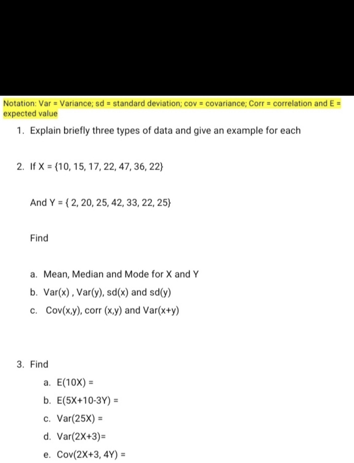 Notation: Var Variance; sd = standard deviation; cov = covariance; Corr =