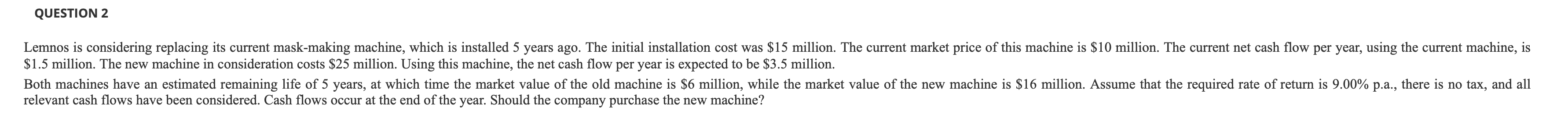QUESTION 2 Lemnos is considering replacing its current mask-making machine, which is