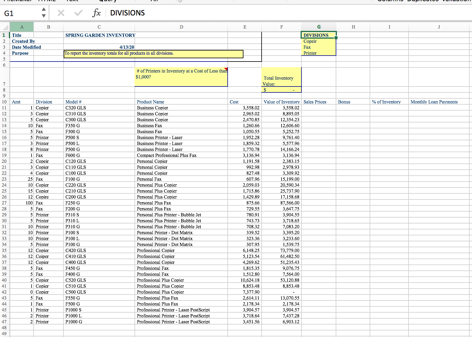 as "Your name Inventory.xlsx" Use absolute and relative cell references as appropriate.