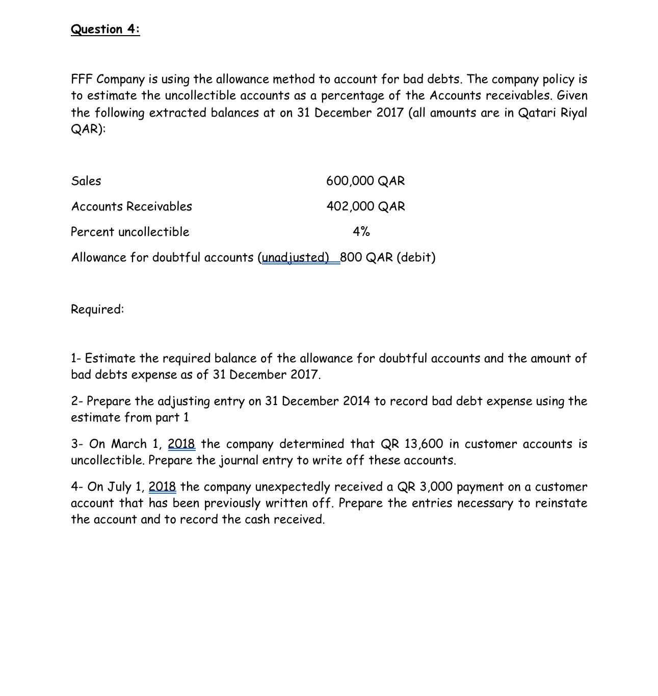 Question 4: FFF Company is using the allowance method to account for