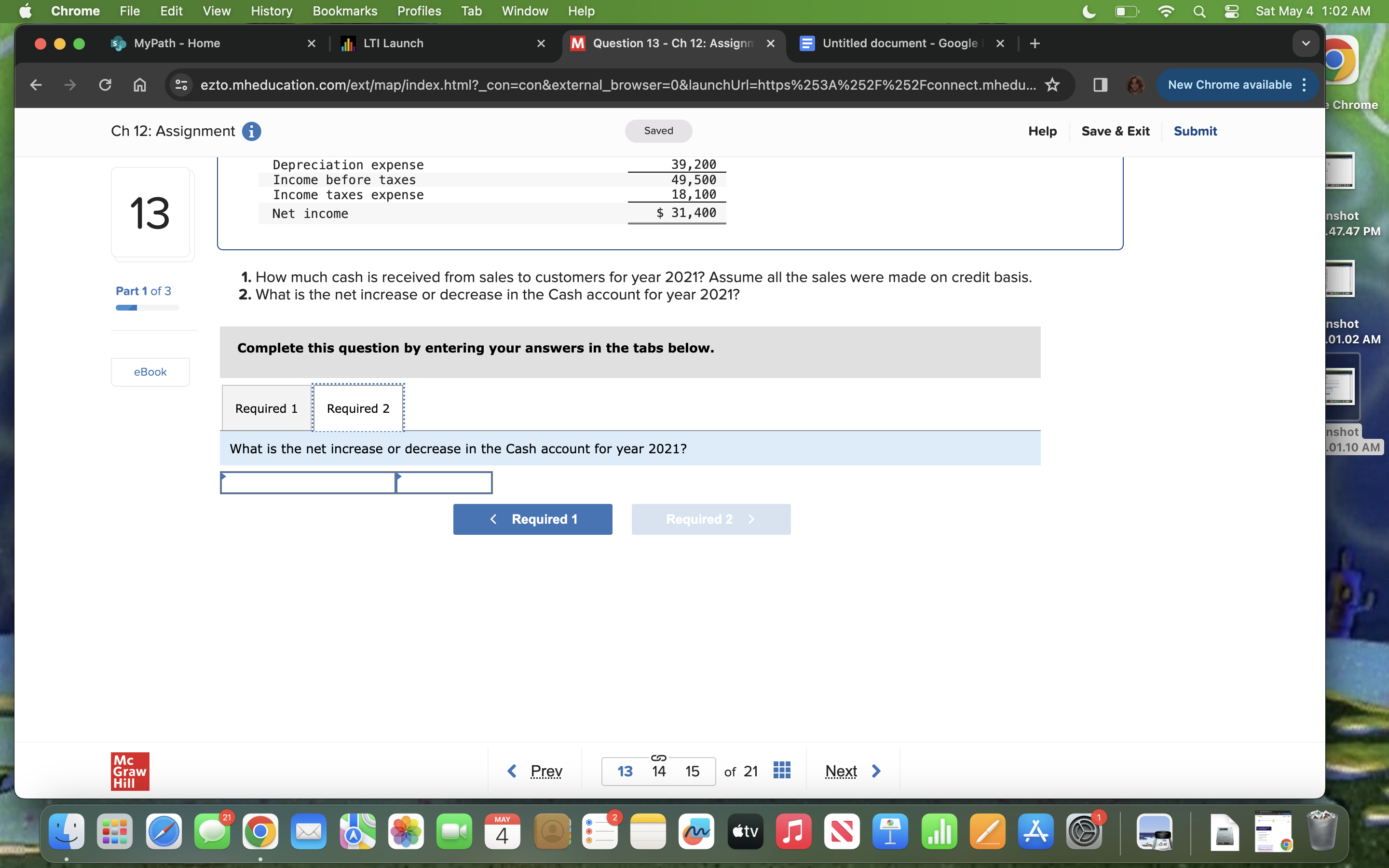 - Google X + ezto.mheducation.com/ext/map/index.html?_con=con&external_browser=0&launchUrl=https%253A%252F%252Fconnect.mhedu... Ch 12: Assignment 13 At December 31