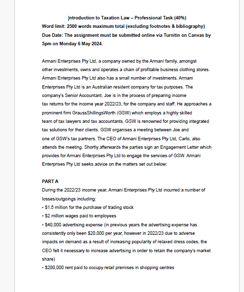 Introduction to Taxation Law - Professional Task (40%) Word limit: 2500 words