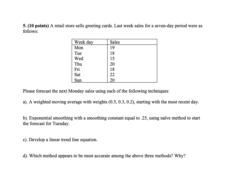 5. (10 points) A retail store sells greeting cards. Last week sales