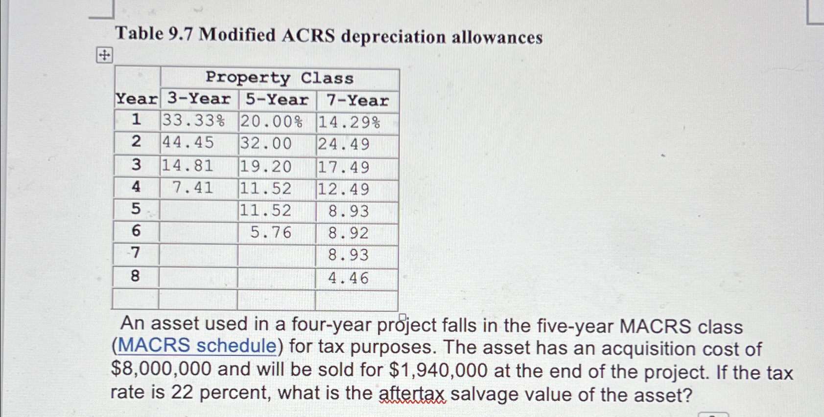 Table 9.7 Modified ACRS depreciation allowances Property Class Year 3-Year 5-Year 7-Year