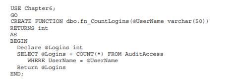 USE Chapter6; GO CREATE FUNCTION dbo.fn_Count Logins (@UserName varchar (50)) RETURNS int