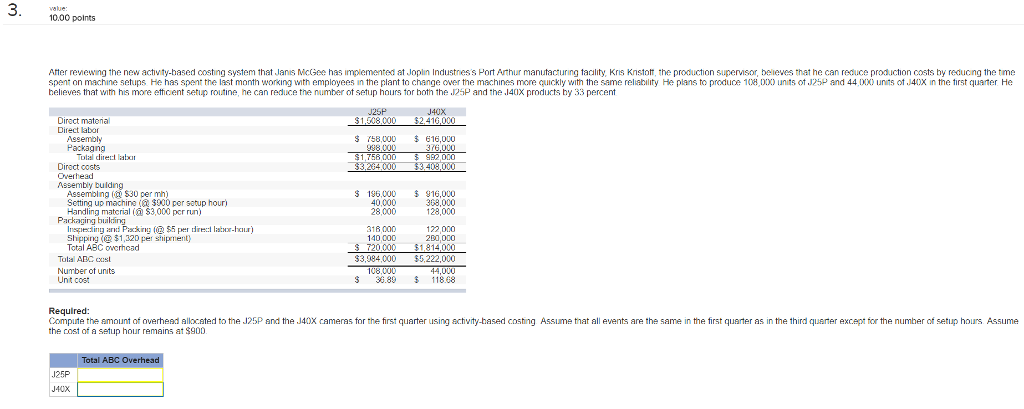 3. values 10.00 points After reviewing the new activity-based costing system that