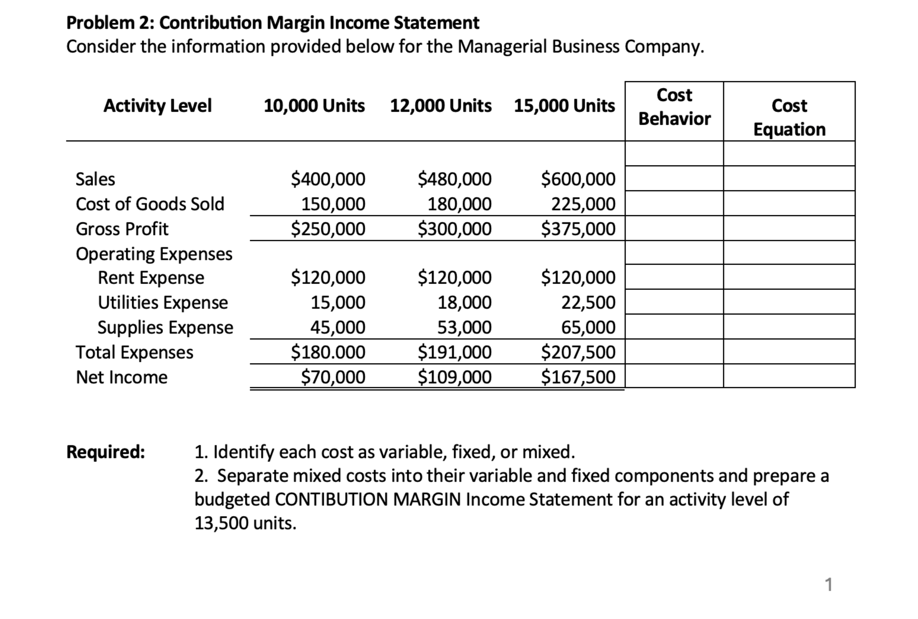 Problem 2: Contribution Margin Income Statement Consider the information provided below for