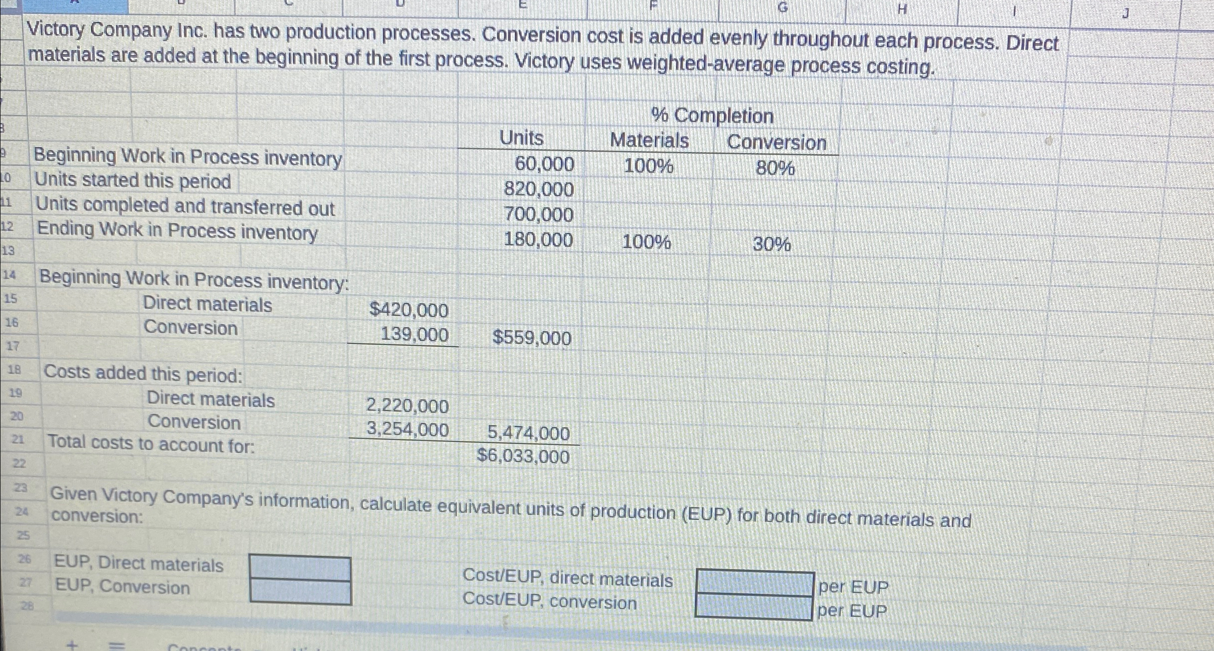 H Victory Company Inc. has two production processes. Conversion cost is added
