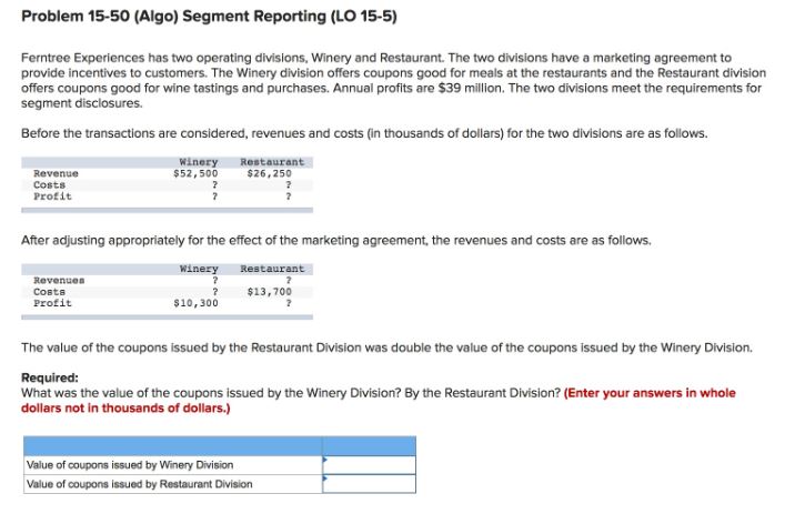 Problem 15-50 (Algo) Segment Reporting (LO 15-5) Ferntree Experiences has two operating
