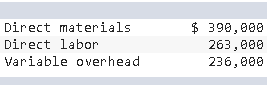 Direct materials Direct labor Variable overhead $ 390,000 263,000 236,000 Required A
