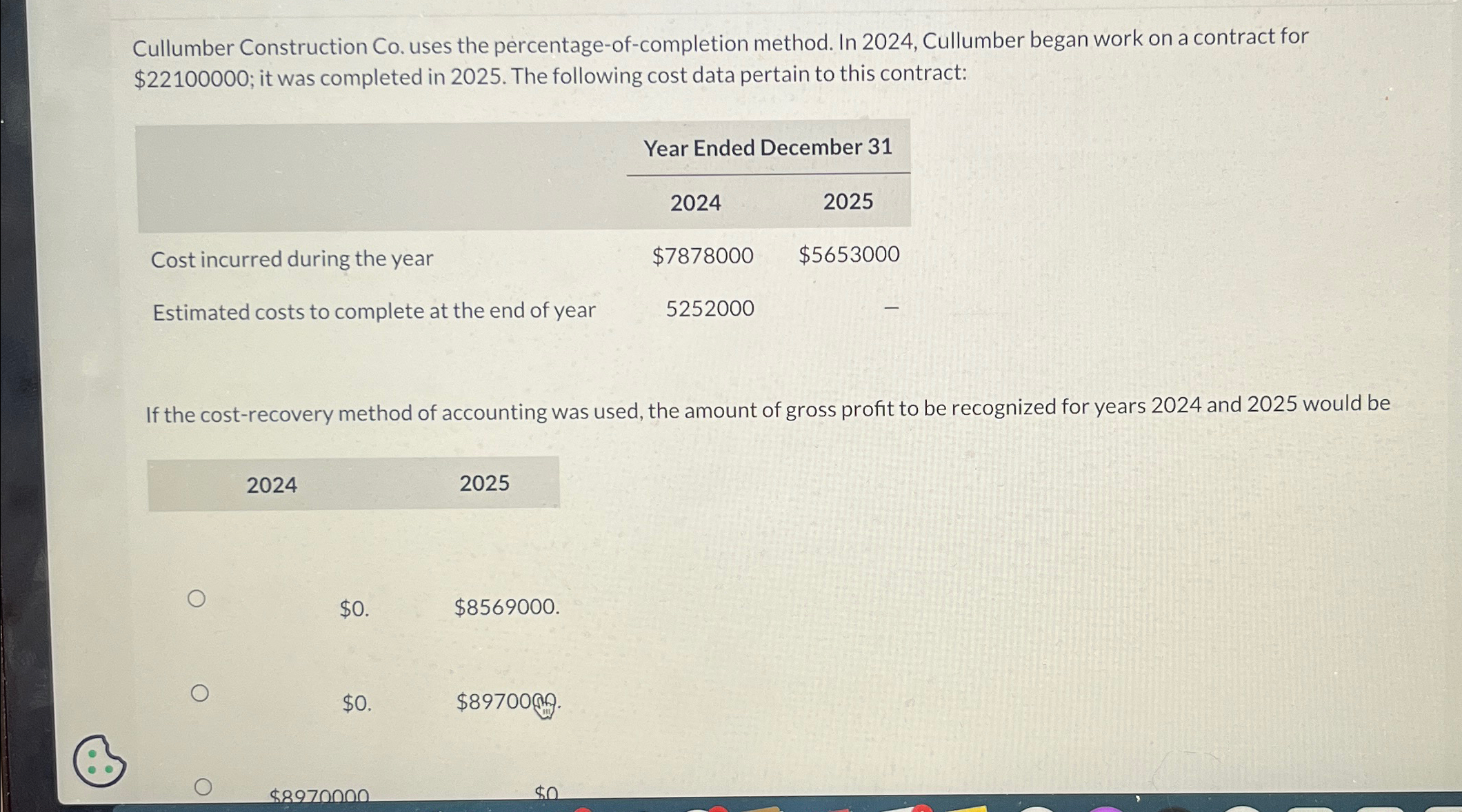 Cullumber Construction Co. uses the percentage-of-completion method. In 2024, Cullumber began work