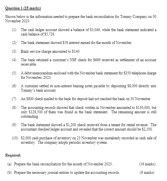 Question 1 (25 marks) Shown below is the information needed to prepare