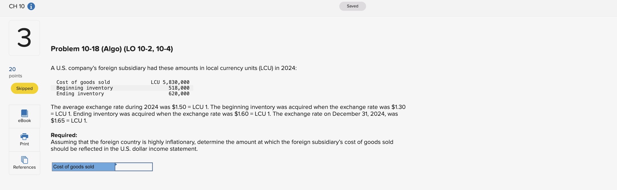 CH 10 3 Problem 10-18 (Algo) (LO 10-2, 10-4) A U.S. company's