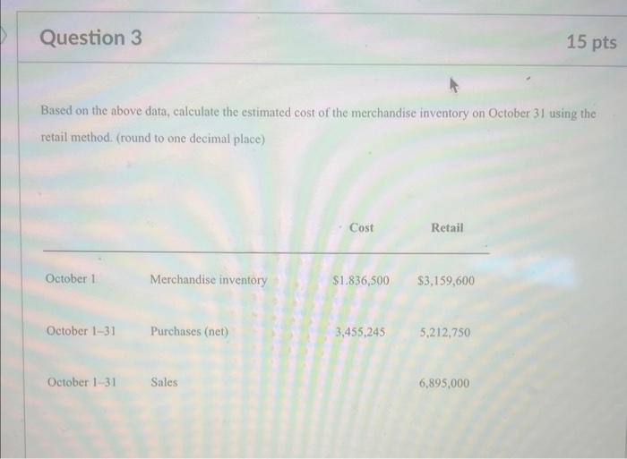 Question 3 15 pts Based on the above data, calculate the estimated