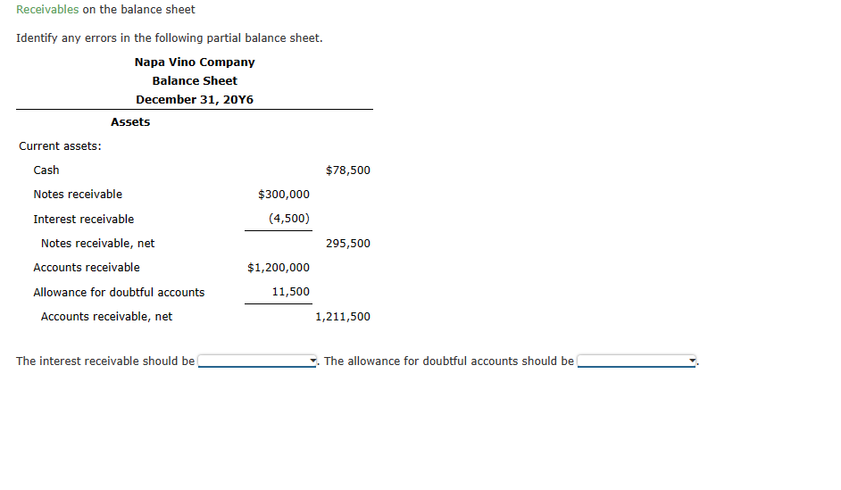 Receivables on the balance sheet Identify any errors in the following partial